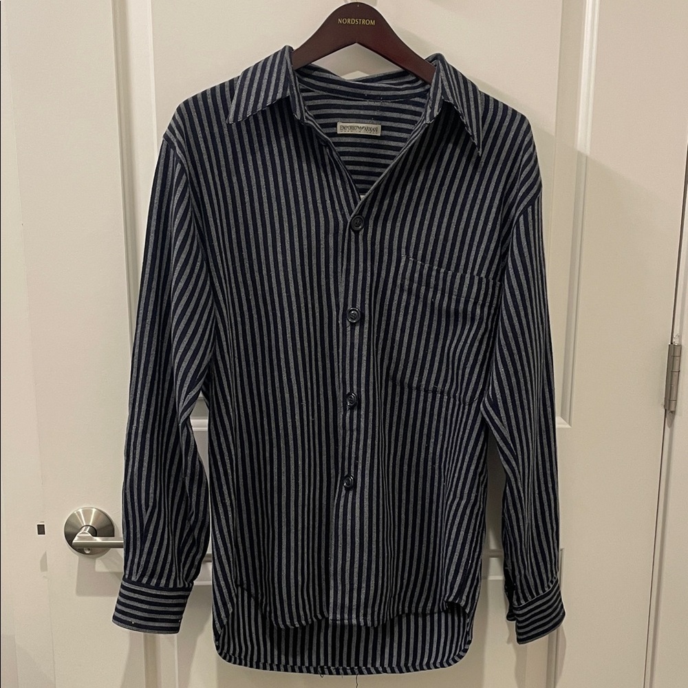 Emporio Armani Men's Black and White Striped Button Down Shirt